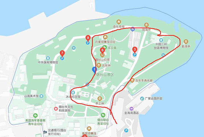 这是我们选择的游览路线.出发前往烟台山景区