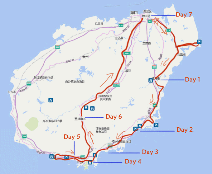依然决定自驾,查看了一下海岛的景点分布,把原本的环岛计划改成了半
