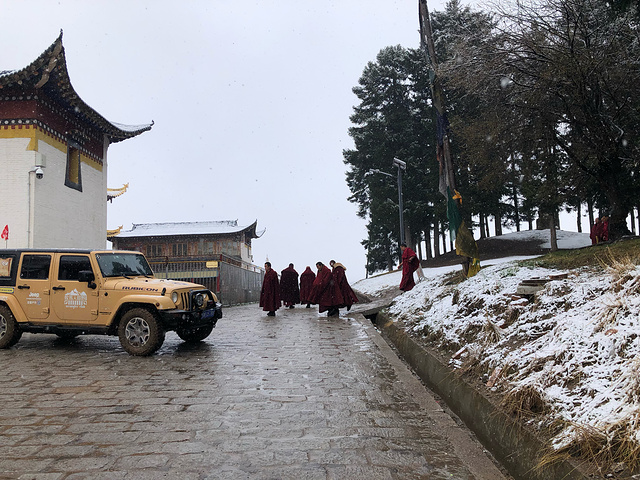 "五月天非常幸运遇到大雪纷飞，忘我欢乐，童心未泯。用完早餐，我们参观了郎木寺。路途中_郎木寺镇"的评论图片