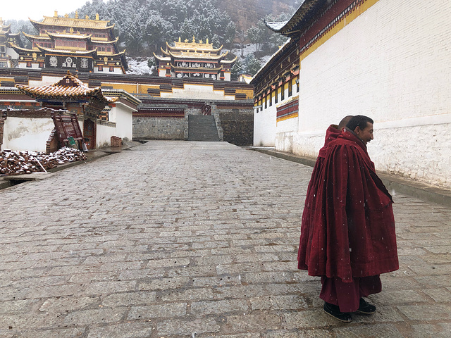 "五月天非常幸运遇到大雪纷飞，忘我欢乐，童心未泯。用完早餐，我们参观了郎木寺。路途中_郎木寺镇"的评论图片