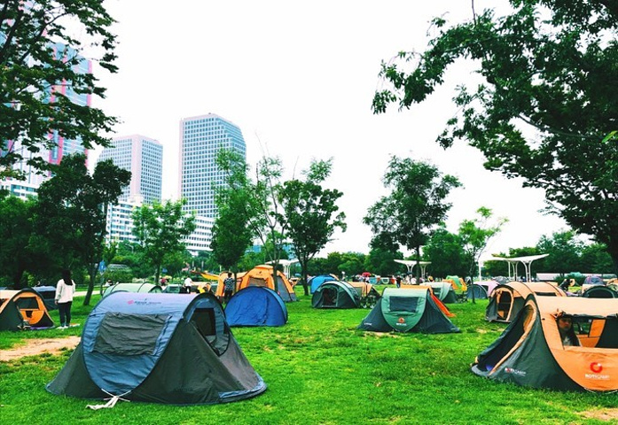 "就一定不要错过汝矣岛汉江公园，每到周末这里，都会聚集很多来这里露营的人，还有很多人，选择在这里野餐_汝矣岛"的评论图片