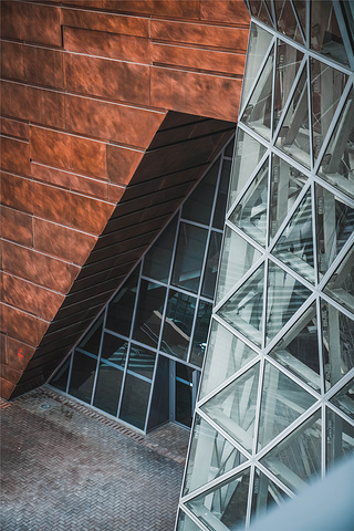 "中间连接金属板而升腾起来的玻璃体搭起了震撼的云朵，棕红色的墙板和通透蓝色玻璃糅合了复古与科技感..._世博会博物馆"的评论图片