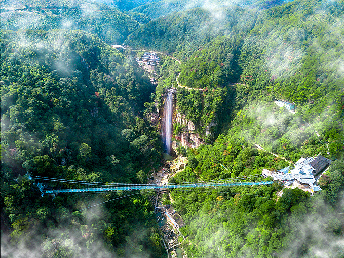 侠天下旅游区玻璃天桥,空于险峻峡谷中,下方就是原始森林,边上是近300