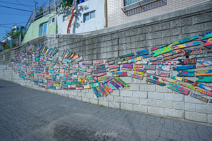 "...弄的鱼”，五彩斑斓的涂鸦木板在墙上排列成一条巨大的鱼，好不容易等到游客散尽，拍到了一张鱼的全貌_甘川文化村"的评论图片