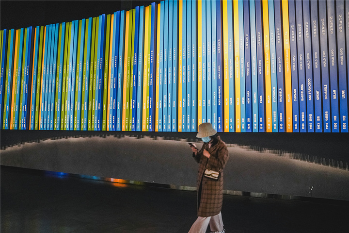 "中间连接金属板而升腾起来的玻璃体搭起了震撼的云朵，棕红色的墙板和通透蓝色玻璃糅合了复古与科技感..._世博会博物馆"的评论图片