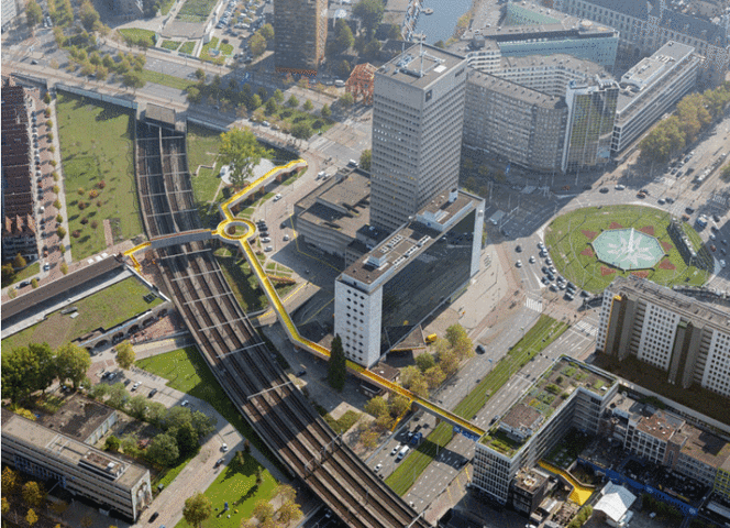 "...Dakakker，Pompenburg公园和Hofplein车站屋顶公园一起组成了“立体城市”_Luchtsingel"的评论图片